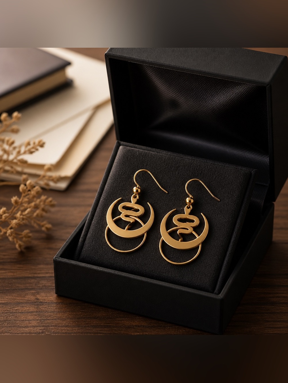 Gold Crescent Moon & Snake Drop Earrings - Hypoallergenic Hooks